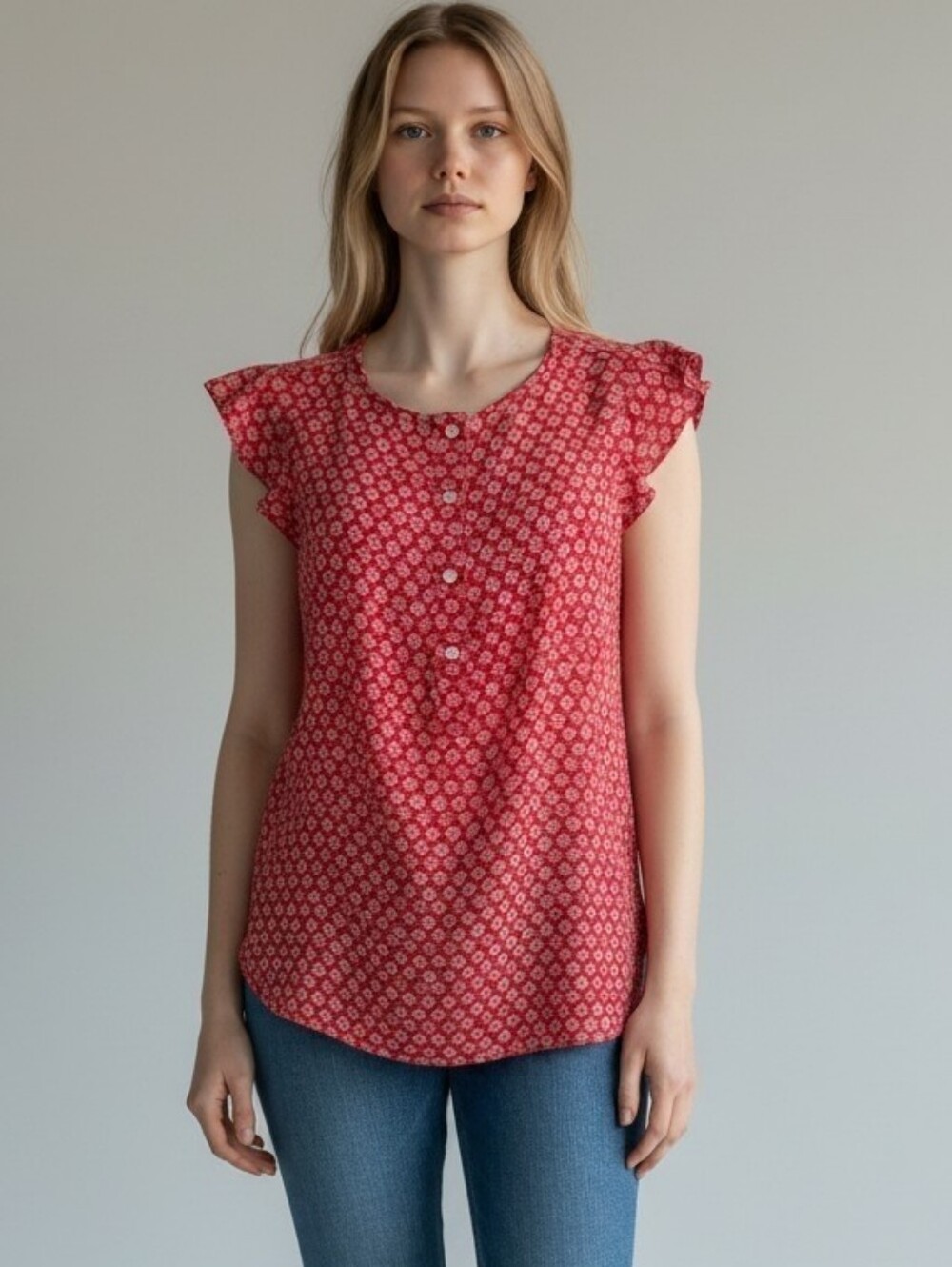 Ann Taylor LOFT Women's Small Red Geometric Print Flutter Sleeve Henley Blouse